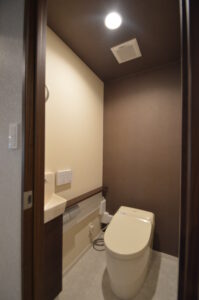 天井と正面壁にアクセントのあるトイレ